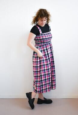 Altar Houseline Leah in Hydrangea Checker Smocked Pink Black Blue Midi Dress 2X